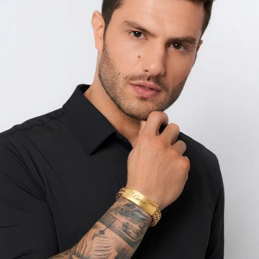 18K Gold Filled Script ID Bar Franco Chain Bracelet – Engraved Cursive Bar Franco Mesh Link Bracelet for Men